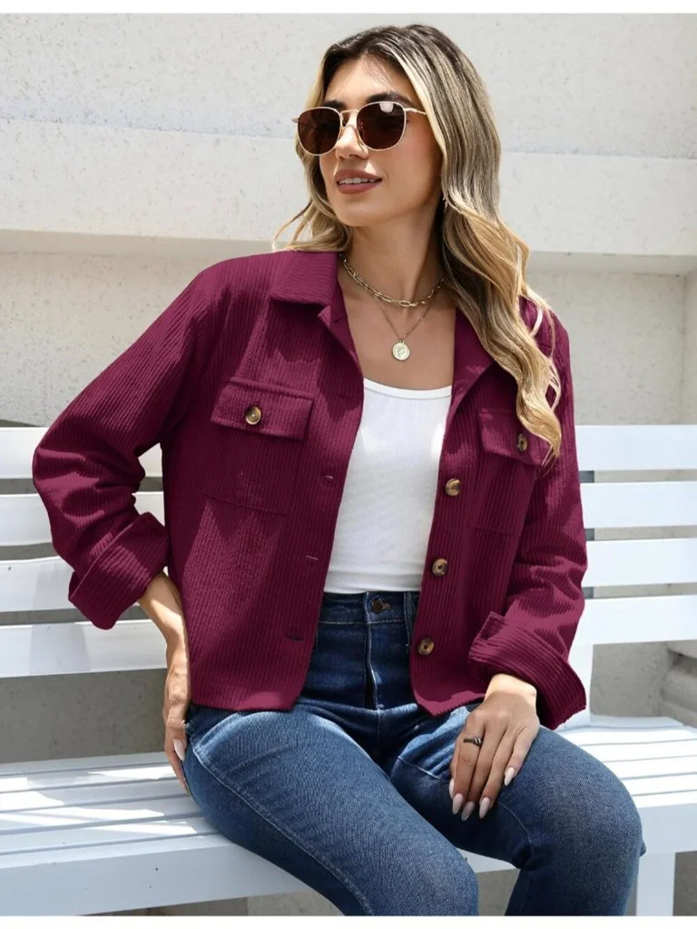 Women's Burgundy Fashion Cropped Corduroy Button Down Long Sleeve Trendy Jacket